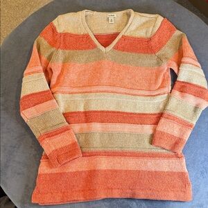 L.L. Bean Women's V-Neck Sweater - Orange and Tan Stripes